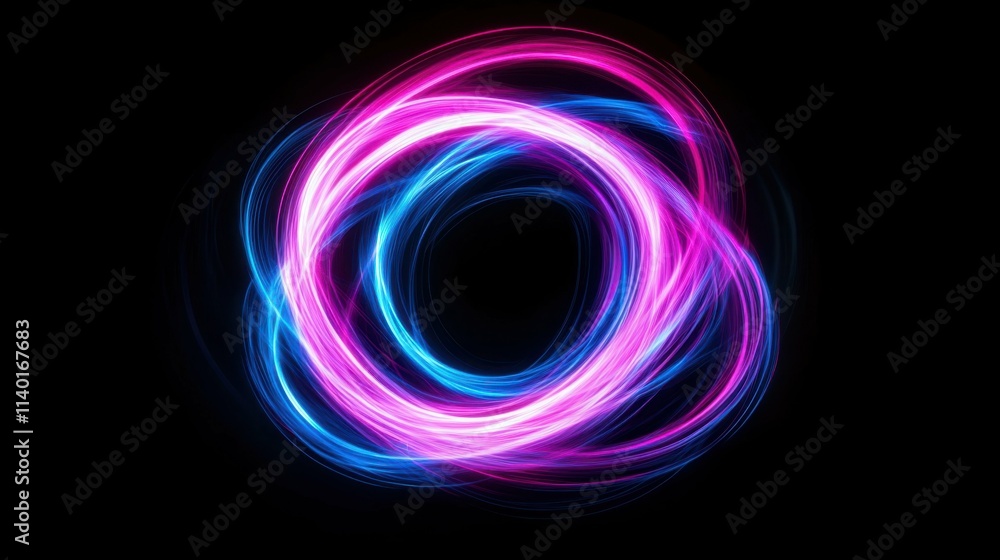 Neon pink and blue abstract light trails swirling in a circular pattern, futuristic and dynamic, vibrant energy, dark background Neon pink and blue abstract light trails swirling in a circular pattern, futuristic and dynamic, vibrant energy, dark background