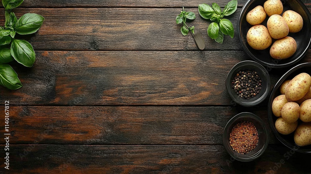 Potatoes, pepper, chili, basil on wood. Potatoes, pepper, chili, basil on wood.