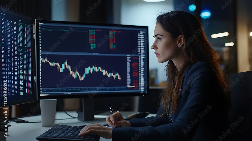 Businesswoman working on stock market data with financial reports on her desk Businesswoman working on stock market data with financial reports on her desk