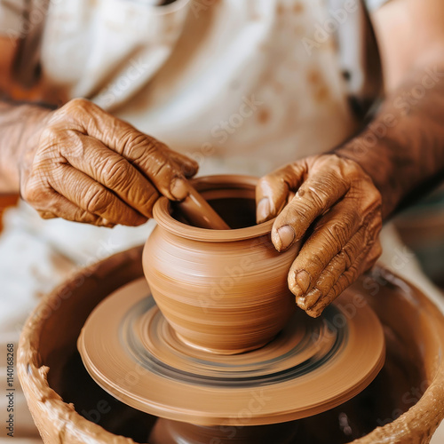 A pottery artist shaping a clay mortar on a pottery wheel. Traditional crafting process to create handmade earthenware for grinding spices and food preparation, blending heritage and functionality. photo