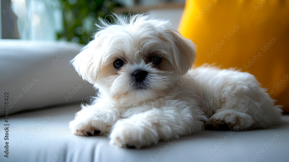 Adorable fluffy white puppy resting on a couch. Adorable fluffy white puppy resting on a couch.