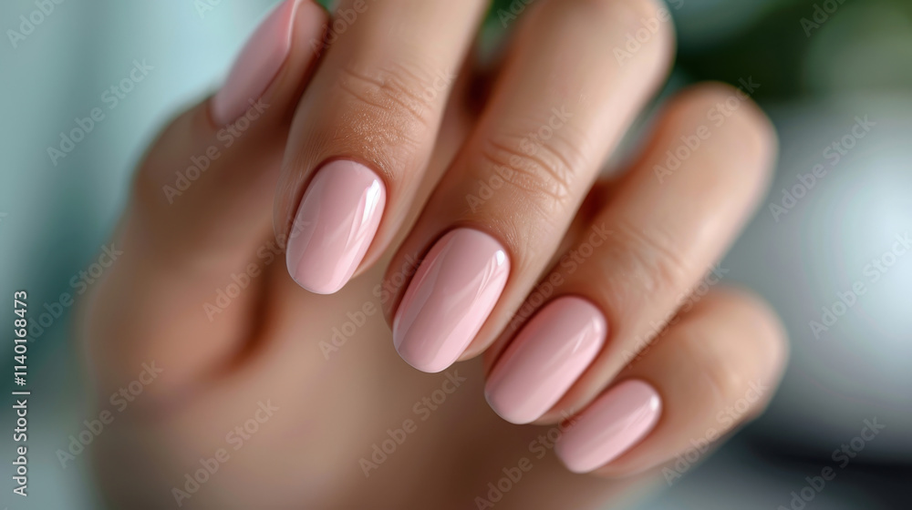 Glamourous female hand with light pink gel nail polish, perfectly manicured in a luxury beauty salon, highlighting nail art, design, and the elegance of professional hand care and refined styling. Glamourous female hand with light pink gel nail polish, perfectly manicured in a luxury beauty salon, highlighting nail art, design, and the elegance of professional hand care and refined styling.