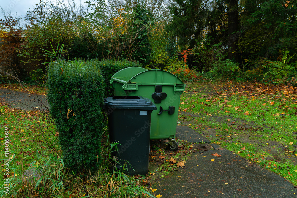 An overgrown garden area features a green trash bin and a black waste container beside wild plants. Autumn leaves cover the pavement, adding to the scene's decay.