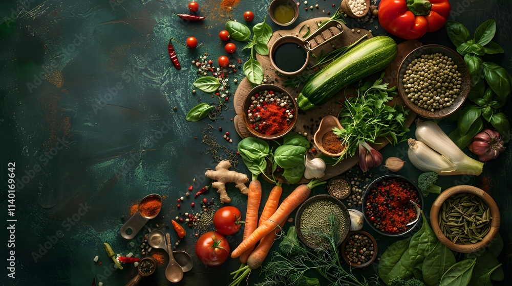 Fresh vegetables, herbs and spices on a dark green background. Fresh vegetables, herbs and spices on a dark green background.