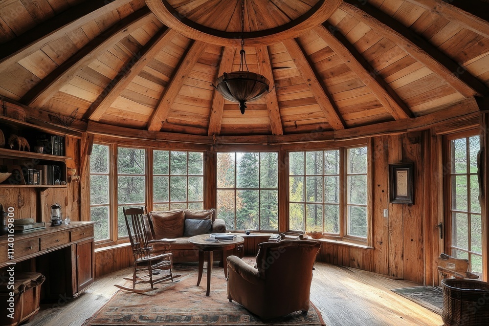 Wooden room, large windows, seating area, rustic charm. Wooden room, large windows, seating area, rustic charm.