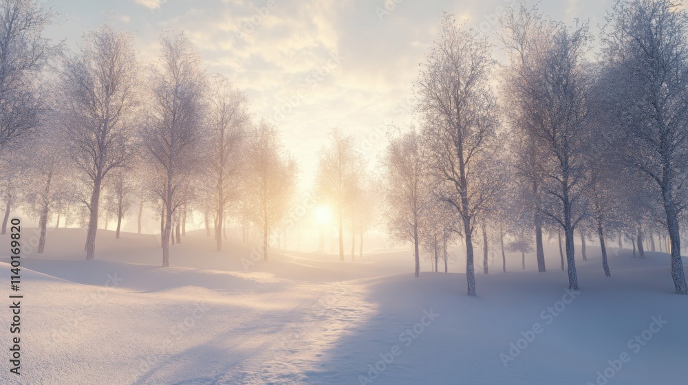 Winter landscape with snow-covered trees, soft light reflecting on the pristine white ground, peaceful and tranquil Winter landscape with snow-covered trees, soft light reflecting on the pristine white ground, peaceful and tranquil