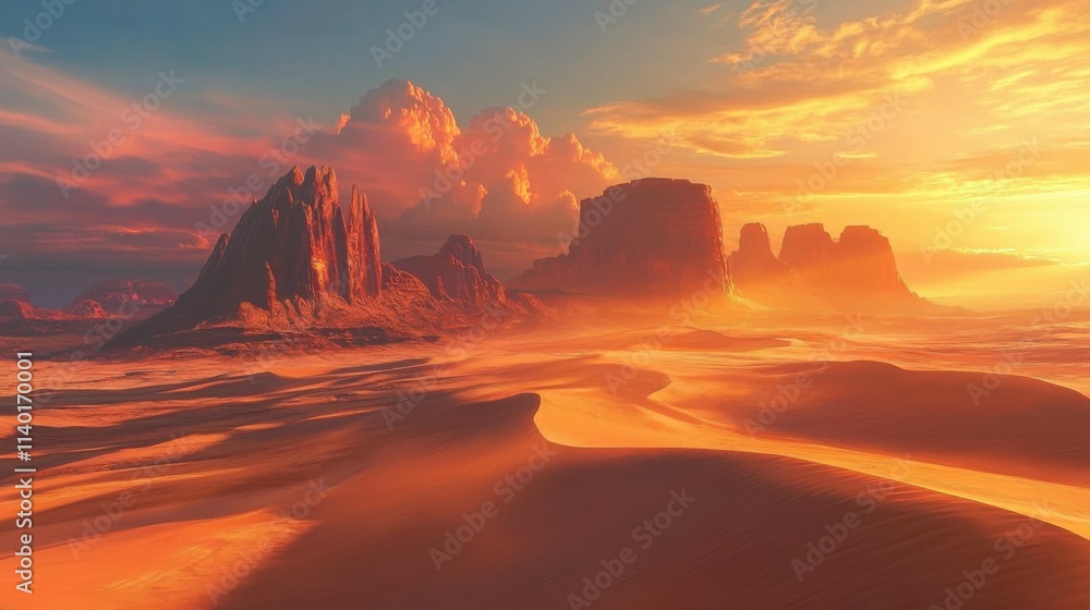 Vast desert with red rock formations, vibrant sunset sky, warm golden glow, alien landscape, smooth sand dunes, soft light casting long shadows Vast desert with red rock formations, vibrant sunset sky, warm golden glow, alien landscape, smooth sand dunes, soft light casting long shadows
