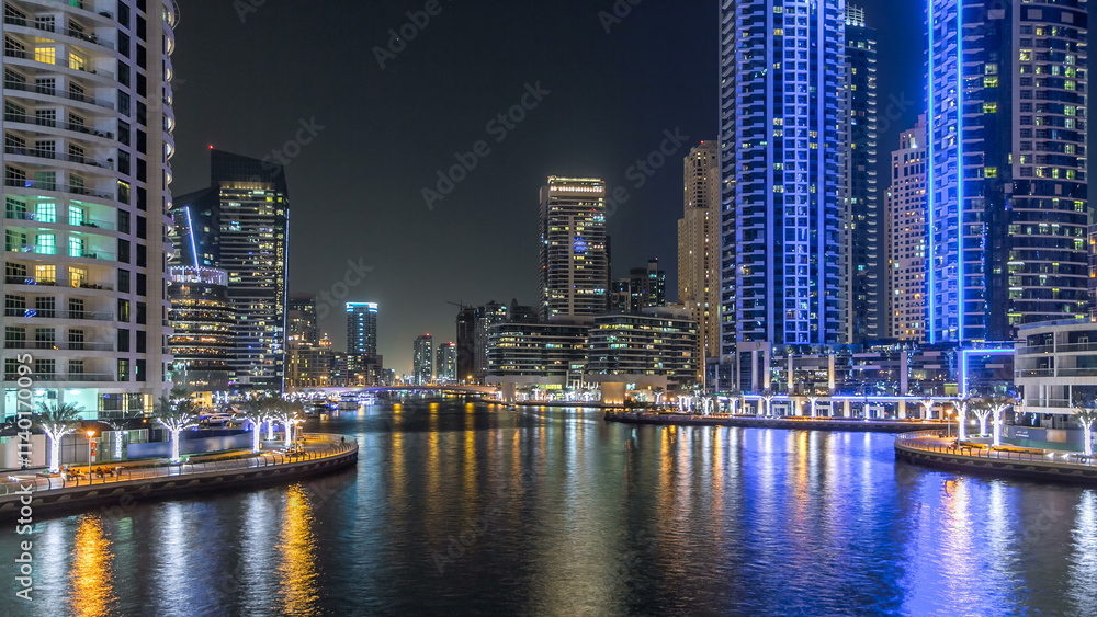 Dubai Marina towers and canal in Dubai night timelapse hyperlapse Dubai Marina towers and canal in Dubai night timelapse hyperlapse