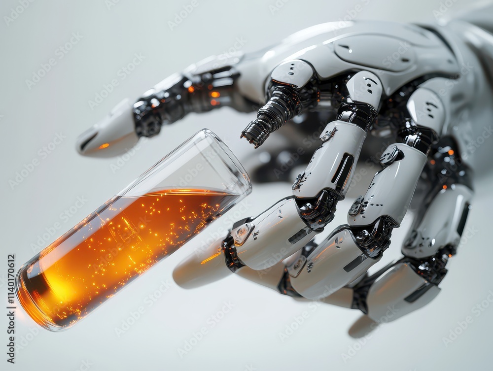 Robotic hand holding a test tube filled with a glowing liquid. Robotic hand holding a test tube filled with a glowing liquid.