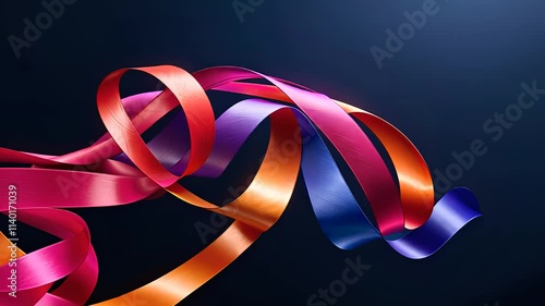 Colorful Satin Ribbons in Red, Pink, and Blue Flowing Gracefully Against Dark Background

 photo