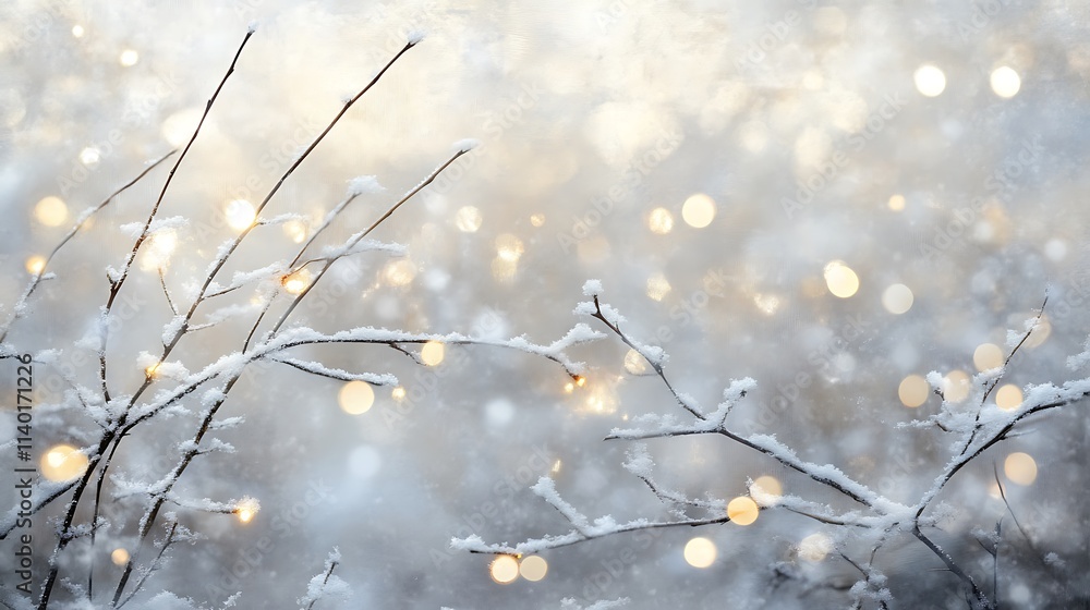 Christmas Lights On Snow-covered Branches With Bokeh Effect Christmas Lights On Snow-covered Branches With Bokeh Effect