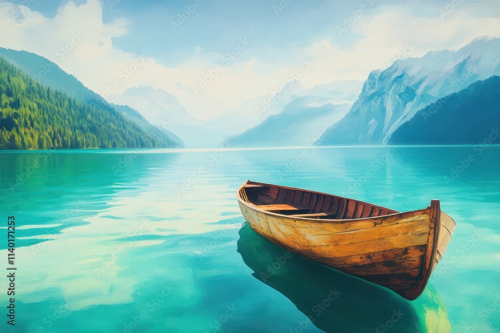 Small wooden boat floating on crystalclear turquoise lake surrounded by mountains, peaceful escape Small wooden boat floating on crystalclear turquoise lake surrounded by mountains, peaceful escape