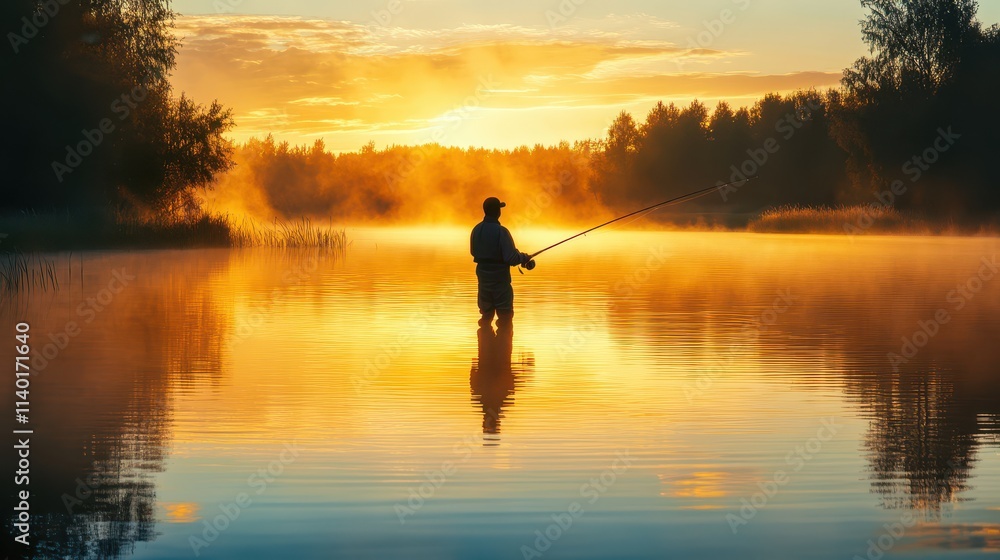 Lone fisherman on a tranquil misty lake at dawn with soft golden reflections, serene nature beauty Lone fisherman on a tranquil misty lake at dawn with soft golden reflections, serene nature beauty