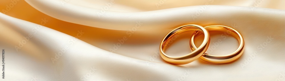 Two golden wedding rings resting on soft, elegant satin fabric, symbolizing love and commitment. Two golden wedding rings resting on soft, elegant satin fabric, symbolizing love and commitment.