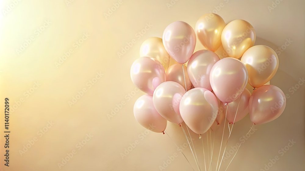 A cluster of pastel pink and gold balloons floats against a soft beige backdrop, creating a celebratory and elegant atmosphere A cluster of pastel pink and gold balloons floats against a soft beige backdrop, creating a celebratory and elegant atmosphere