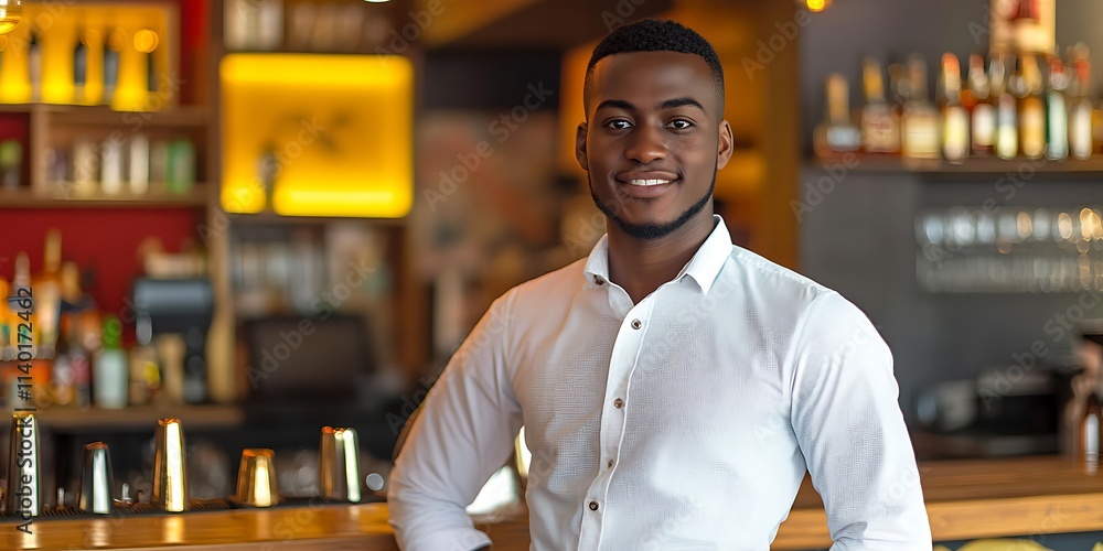 Fototapeta premium Bartender standing confidently behind the bar in a modern, sleek bar setup