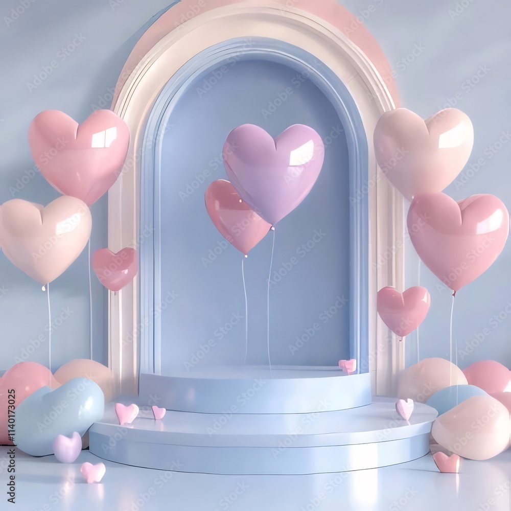 Pastel heart balloons float near a podium. Pastel heart balloons float near a podium.