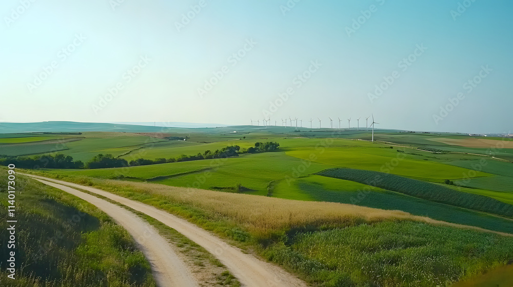 Aerial view of expansive wind farm with numerous turbines generating clean energy, symbolizing sustainable power and environmental conservation. Aerial view of expansive wind farm with numerous turbines generating clean energy, symbolizing sustainable power and environmental conservation.
