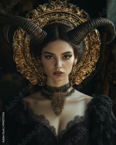 Dark Queen with Golden Horns and Ornate Headdress