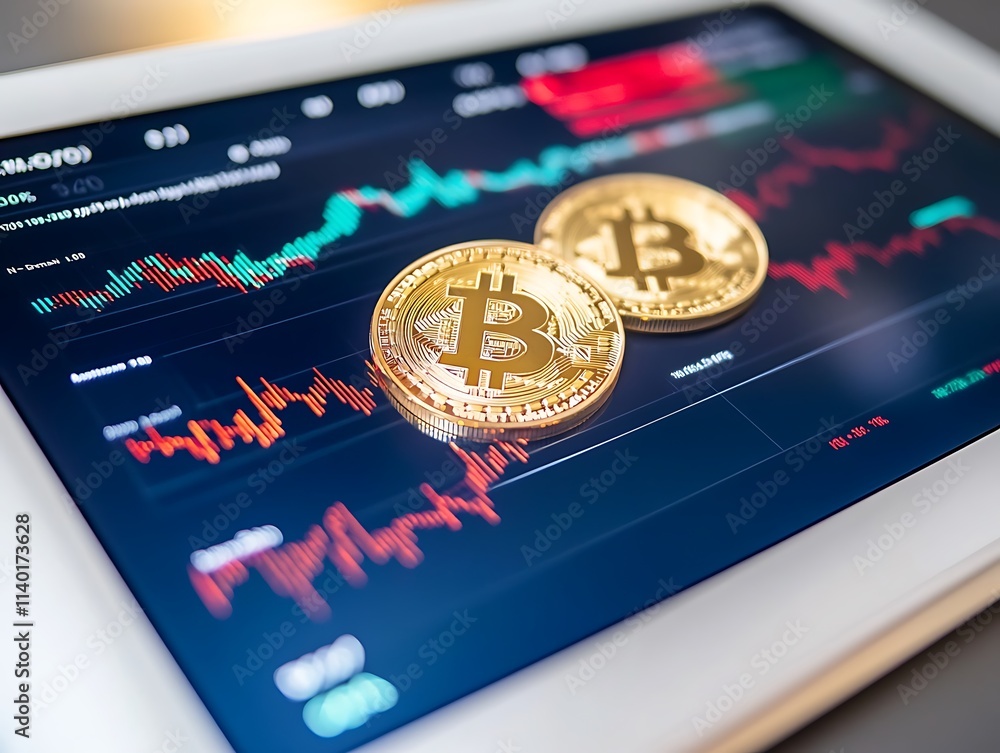 Digital stock market data on tablet with fluctuating cryptocurrency values and trends Digital stock market data on tablet with fluctuating cryptocurrency values and trends