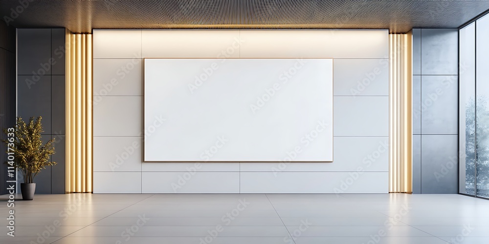 Blank canvas on tiled wall in modern empty room with light tiles. 3D Rendering, Generative Ai Blank canvas on tiled wall in modern empty room with light tiles. 3D Rendering, Generative Ai