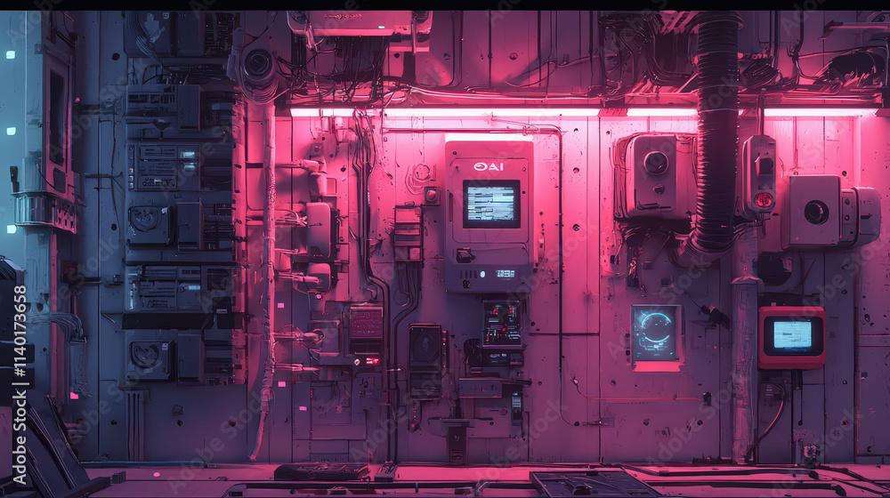 A futuristic control panel with neon lighting and complex machinery in a sci-fi setting. A futuristic control panel with neon lighting and complex machinery in a sci-fi setting.