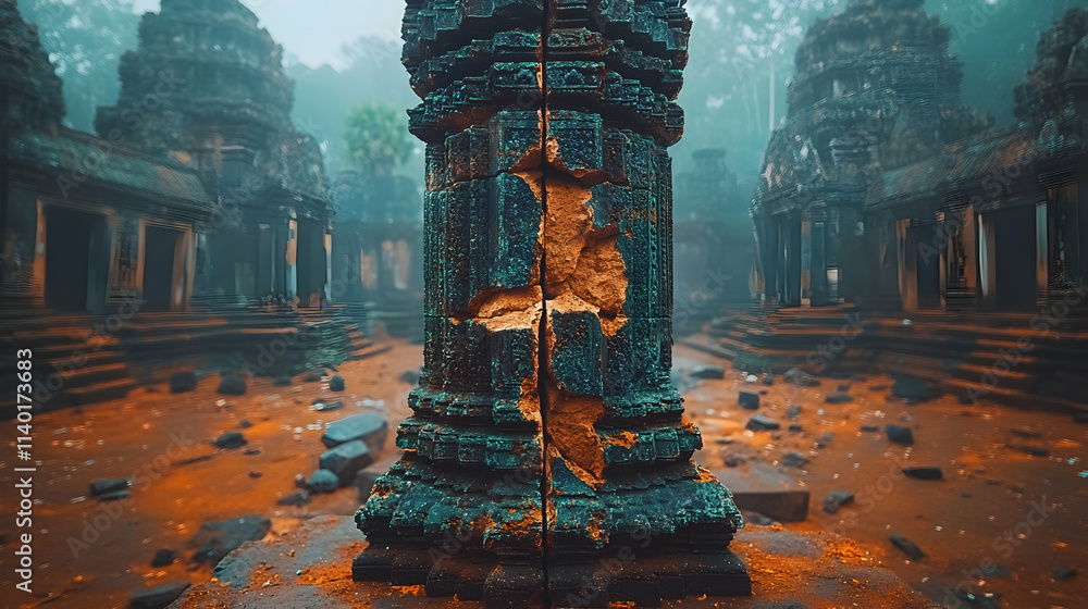 Obraz premium Ancient temple column detail, cracked, weathered stone, misty ruins.