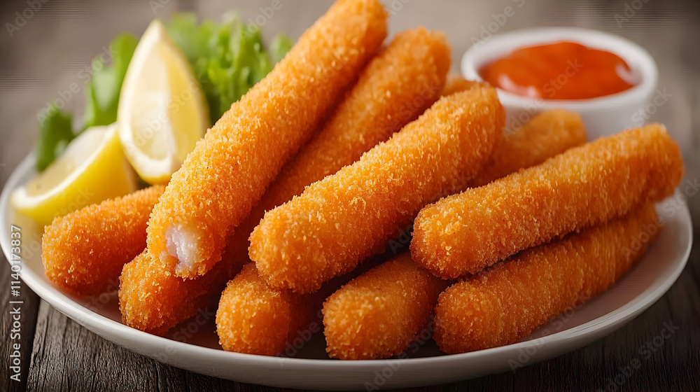 Delicious crispy fish sticks served with ketchup and lemon wedges, perfect for a snack or appetizer. High-quality image of golden-brown fish fingers. Delicious crispy fish sticks served with ketchup and lemon wedges, perfect for a snack or appetizer. High-quality image of golden-brown fish fingers.