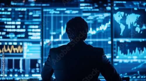 A person intently focused on computer screen displaying stock market data and charts