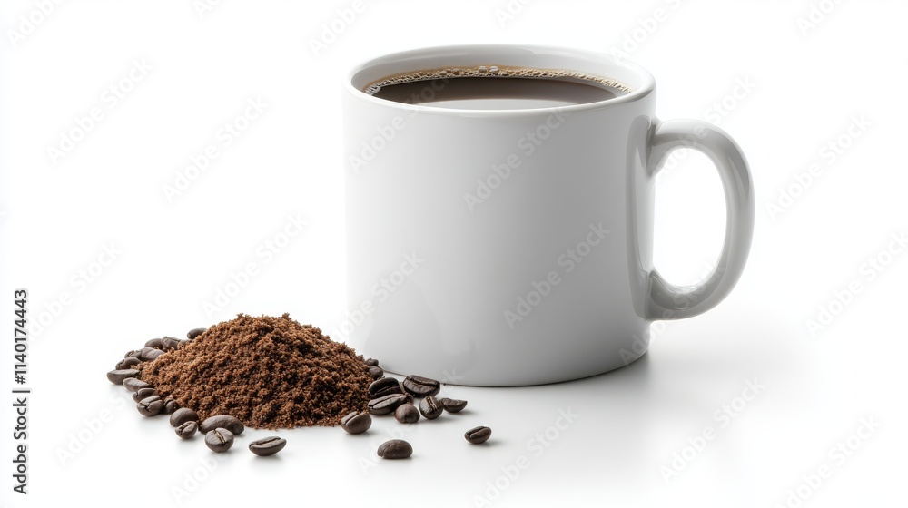 20.A high-resolution photo of a coffee mug and a neat pile of ground coffee beans, isolated on a white background. The rich, dark coffee in the mug contrasts with the finely textured ground beans, 20.A high-resolution photo of a coffee mug and a neat pile of ground coffee beans, isolated on a white background. The rich, dark coffee in the mug contrasts with the finely textured ground beans,