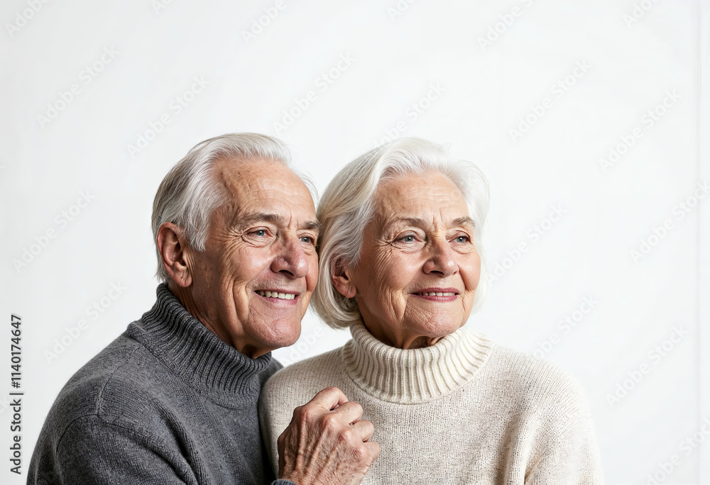 Beautiful elderly woman and man 60 years old in warm sweaters on white background Beautiful elderly woman and man 60 years old in warm sweaters on white background