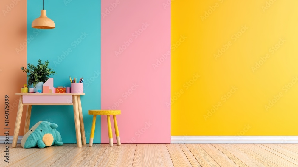 Bright and Colorful Kid's Playroom with Desk, Plant, and Toys Bright and Colorful Kid's Playroom with Desk, Plant, and Toys