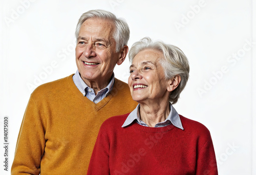 Beautiful elderly woman and man 60 years old in warm sweaters on white background