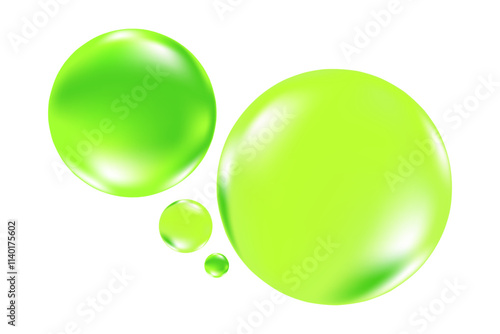 Green 3D glowing bubbles, shower gel droplets isolated, transparent background. Liquid spilled serum blob for natural cosmetic.