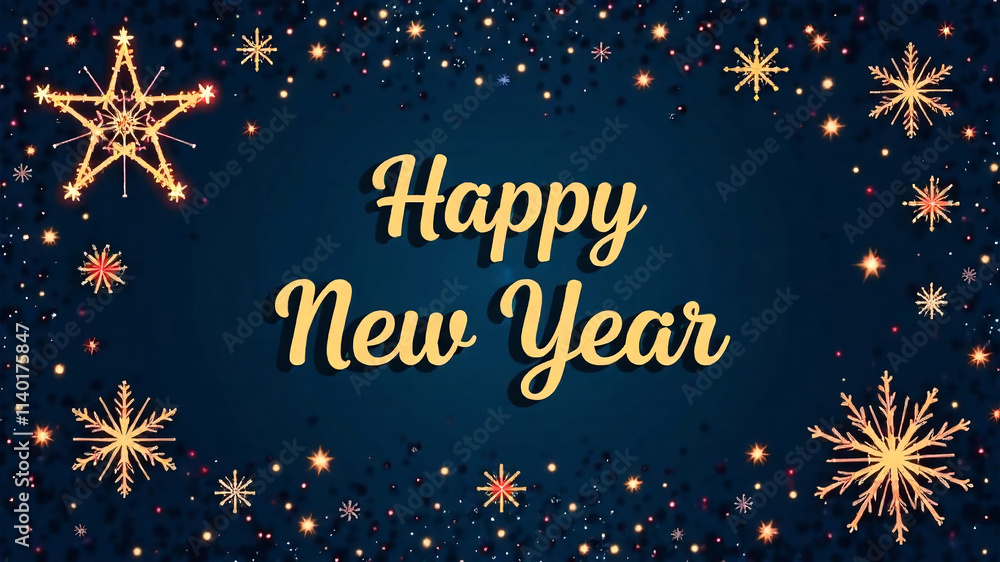 Happy New Year greeting card with golden text and snowflakes on dark blue background. Happy New Year greeting card with golden text and snowflakes on dark blue background.