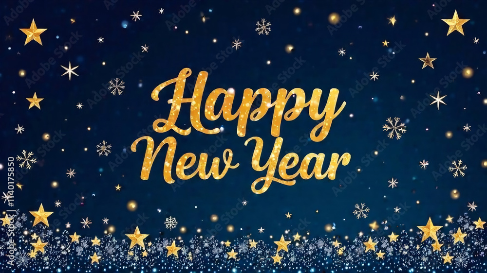 Happy New Year greeting card with golden text and snowflakes on dark blue background. Happy New Year greeting card with golden text and snowflakes on dark blue background.