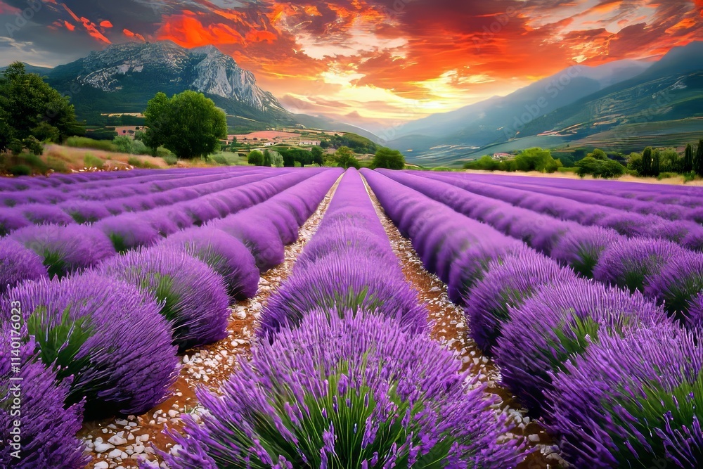 Obraz premium The sight of a lavender field bathed in early morning light is magnificent.