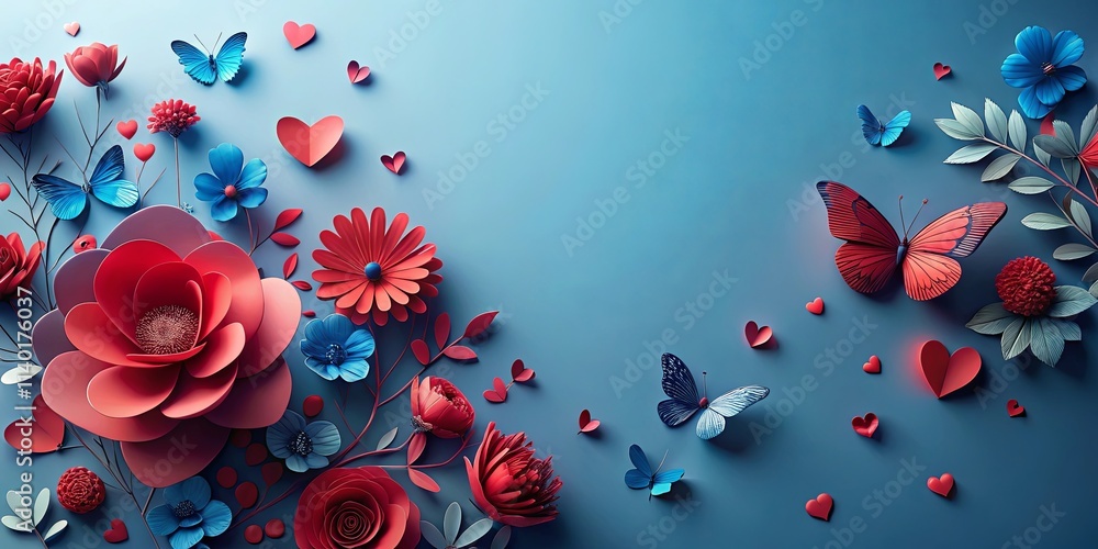 Romantic paper art floral arrangement with butterflies and hearts on a blue background Romantic paper art floral arrangement with butterflies and hearts on a blue background