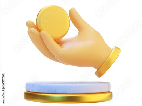 A 3D illustration of a golden hand with an open palm on a black marble pedestal, set against a white background, featuring a gold round frame, a blank cylindrical podium, and a minimalist, luxurious, photo