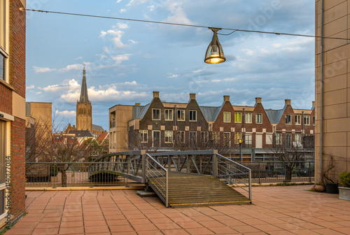 View of Doesburg, Province Gelderland, The Netherlands. Martinikerk church seen from modern residential neighbourhood