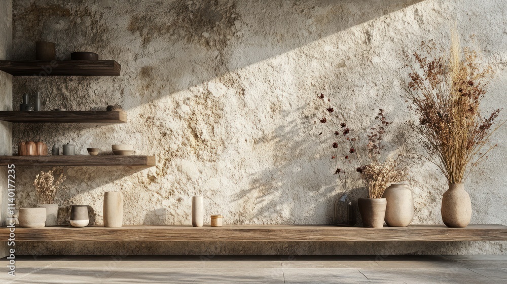 Obraz premium A serene wabi-sabi room with a weathered stone accent wall, asymmetrical wooden shelves, and simple dried floral arrangements.