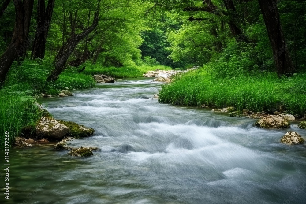 Serene flowing stream through lush green forest. Serene flowing stream through lush green forest.