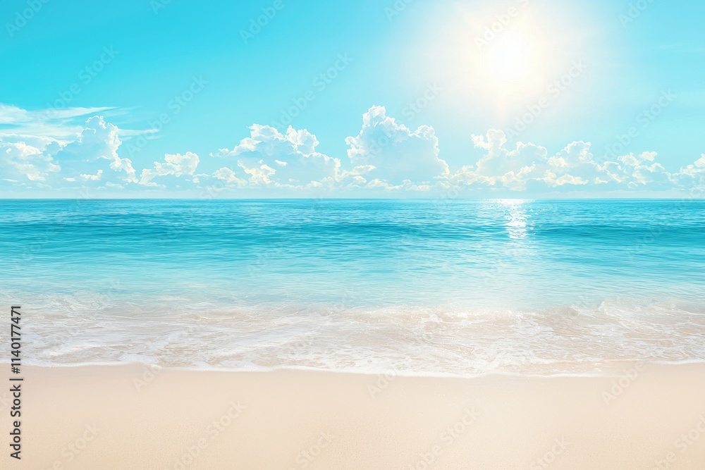 Fototapeta premium The harsh midday sun shines a beam into the shot, giving the peaceful ocean a sparkling effect.