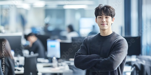 South Korean male software engineer standing proudly in a tech company office
