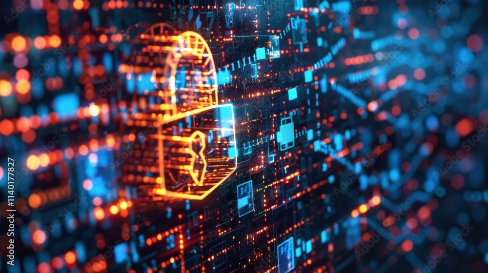 Obraz premium Complex digital information flows on a futuristic circuit board, protected by a glowing padlock, ensuring data security and encryption in a high tech environment