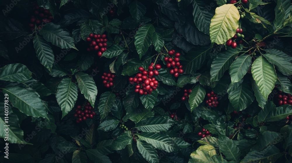50.A high-resolution view of a coffee tree filled with ripe cherries, surrounded by lush, green foliage. The rich reds of the coffee cherries and the dark greens of the leaves create a vibrant, fresh 50.A high-resolution view of a coffee tree filled with ripe cherries, surrounded by lush, green foliage. The rich reds of the coffee cherries and the dark greens of the leaves create a vibrant, fresh