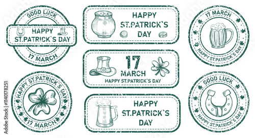 Set of grunge retro rubber stamps with clover, leprechaun hat, beer mugs Great for Happy St Patrick's day. Vector elements