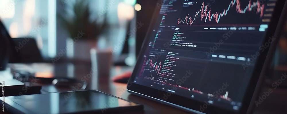 Closeup of a digital tablet with stock market analysis and financial reports on desk 