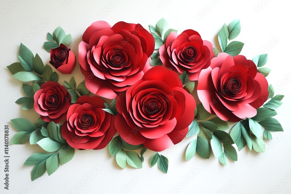 Beautiful paper roses and leaves arrangement on a white background Beautiful paper roses and leaves arrangement on a white background