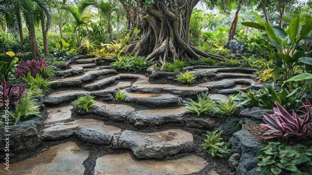 Fototapeta premium The ancient Ficus tree, its prop roots creating a maze-like structure, with ferns and tropical plants nestled beneath